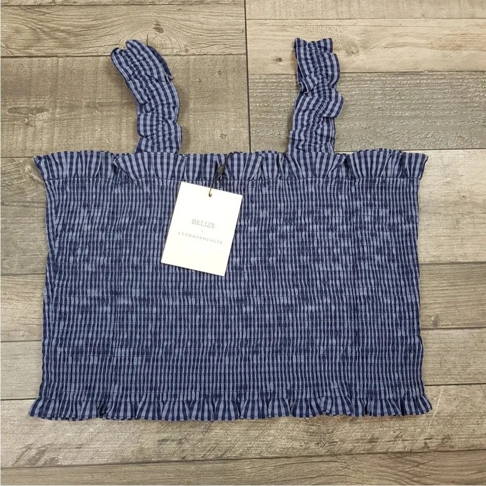 Belize Anthropologie Crop Top UK 16 US 12 Blue Gingham Checked Smocking BNWT - Picture 2 of 13